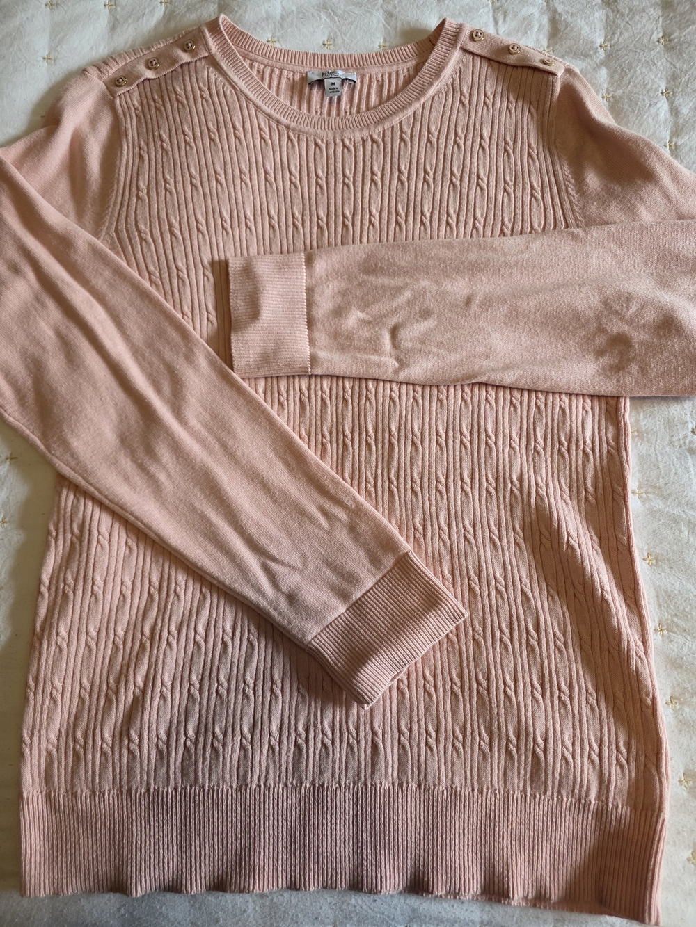 Kim Rogers Pink Cable Knit Crewneck Sweater with Shoulder Buttons